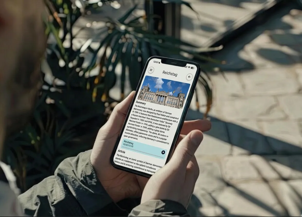 Hand mit Telefon, auf dem ein recherchierter Parroo-Artikel über den Reichstag gelesen wird.