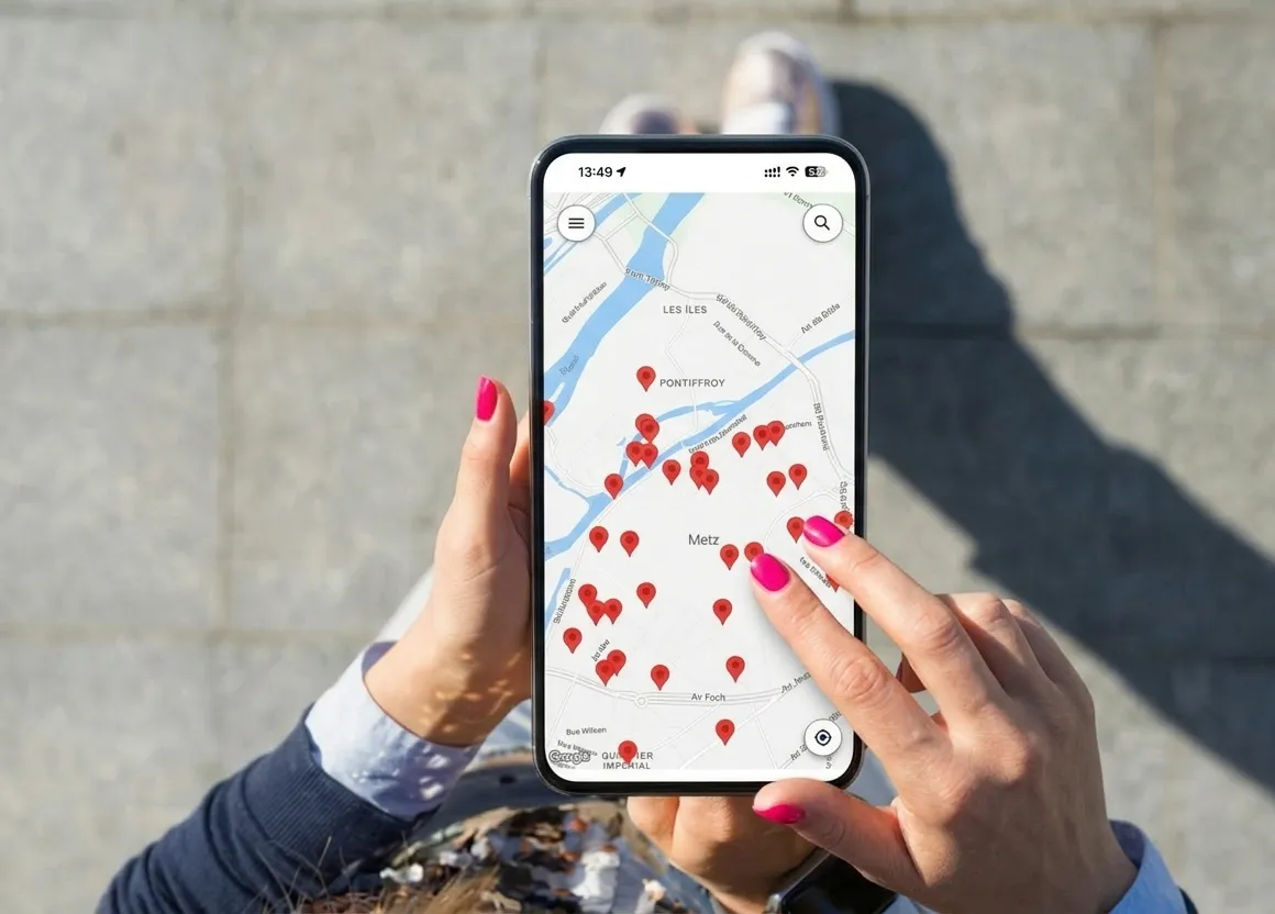 Two travelers holding a phone showing the Parroo map with red place markers on a German city street.