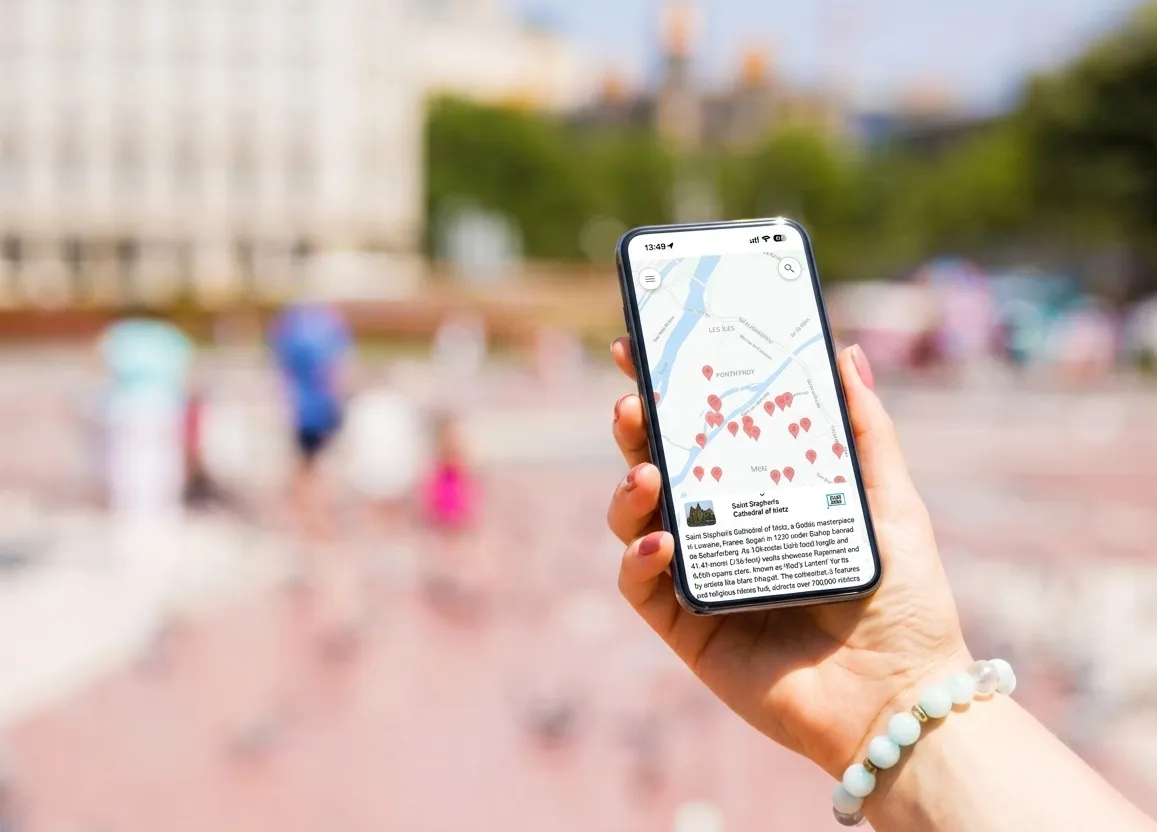 Hand mit Telefon, das die Parroo-Karte eines deutschen Platzes zeigt.