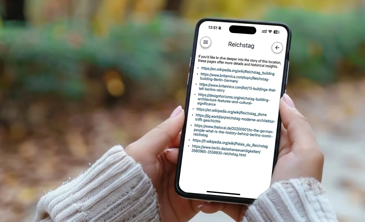 Ein Parroo-Artikel über den Reichstag mit geöffneter Quellenliste auf dem Telefon, vor einem Herbstwald.